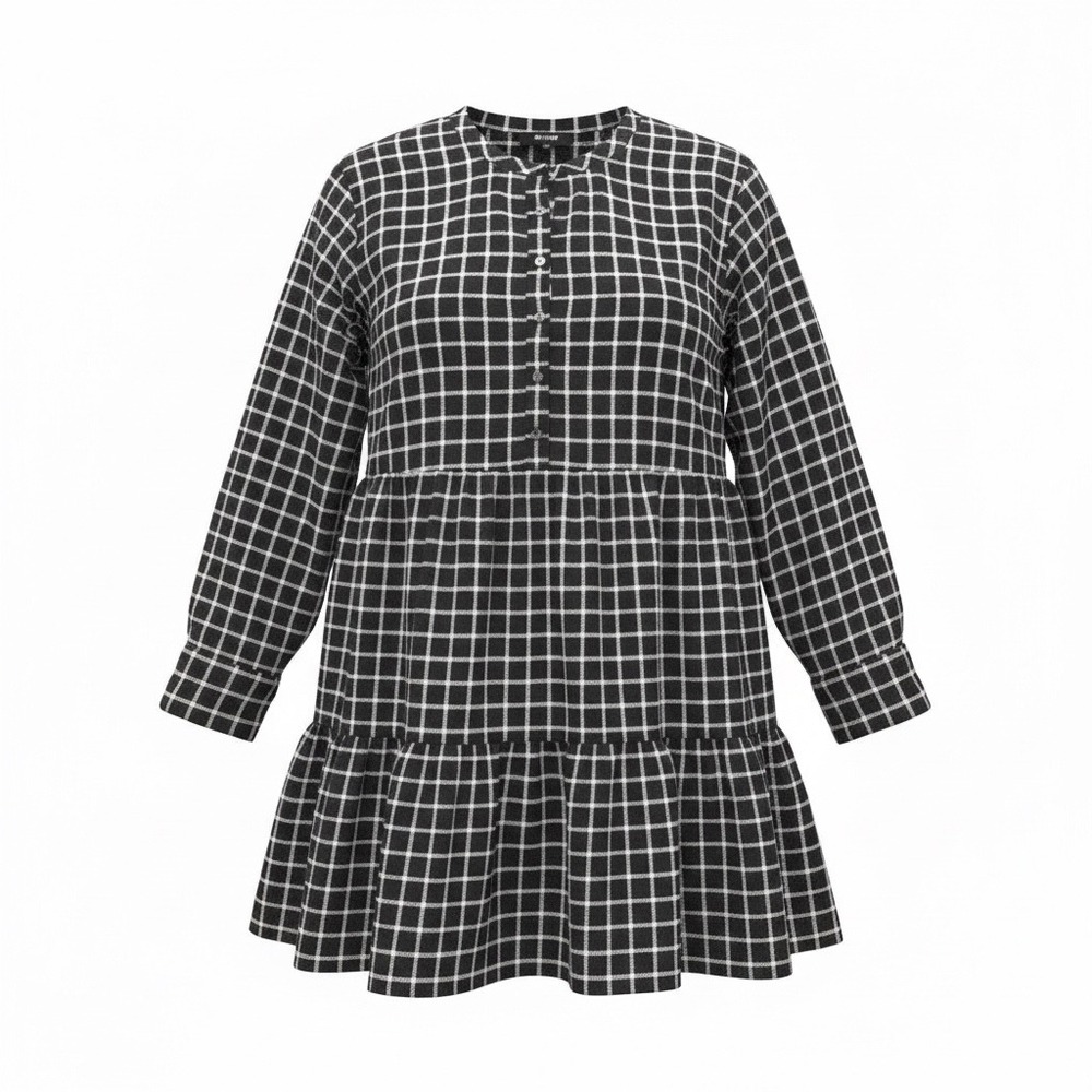 Madewell Flannel Button-Placket Tiered Mini Dress M Black White Windowpane Plaid